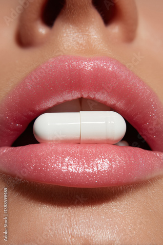 Obraz na płótnie White capsule pill between woman's pink lips. w salonie