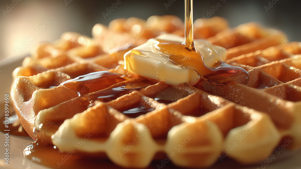 Syrup pouring over a waffle with butter.