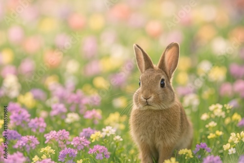 Rabbit Exploring a Vibrant Flower Field During Springtime in a Countryside Se...