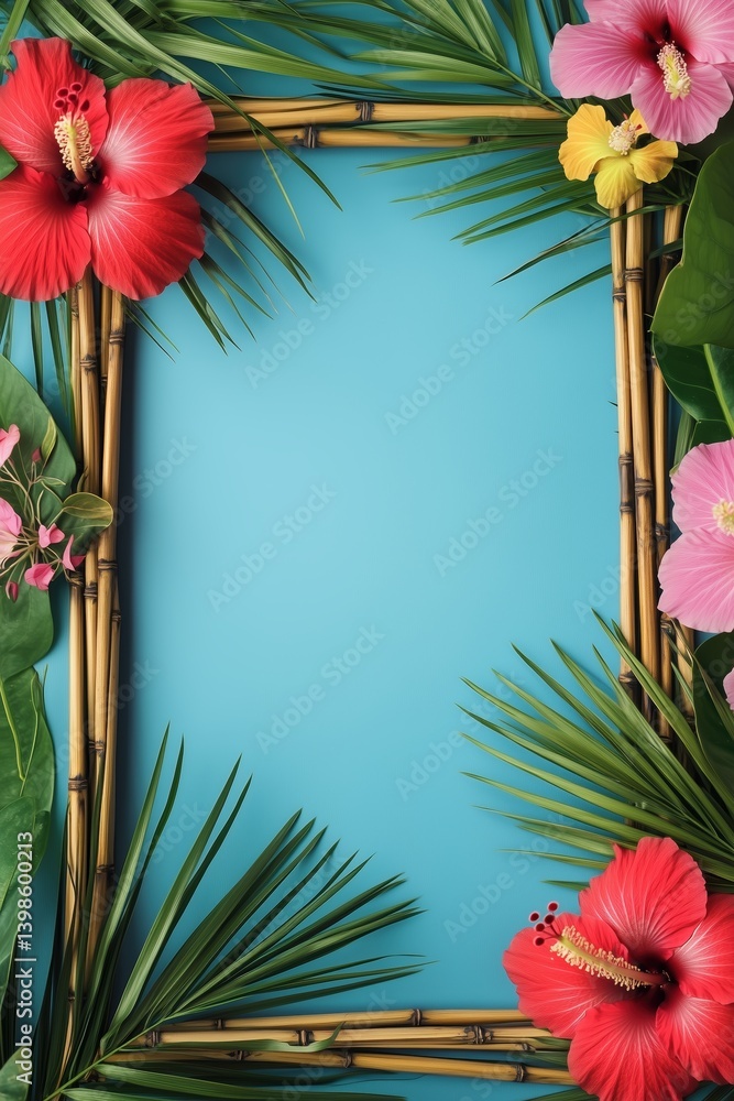 Tropical bamboo frame with hibiscus flowers and palm leaf accents
