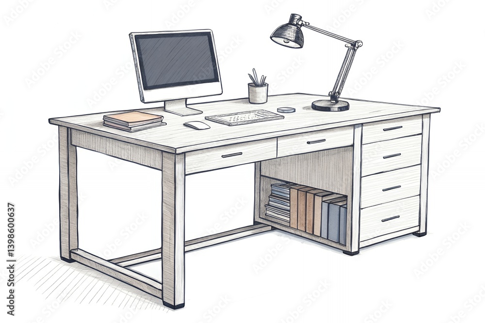 Modern Home Office Desk Illustration Computer Books Lamp Workspace Modern Home Office Desk Illustration Computer Books Lamp Workspace