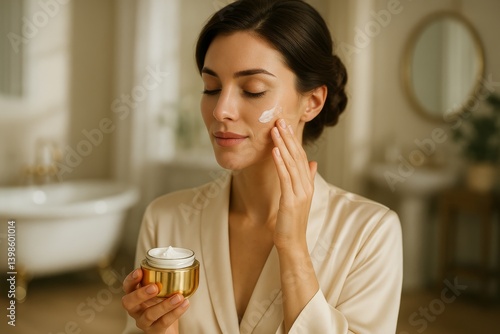Skincare Routine at Home With Moisturizer in a Relaxing Bathroom Setting