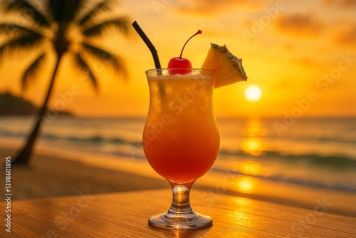 Sunset Cocktail on Beach With Palm Trees and Golden Sky