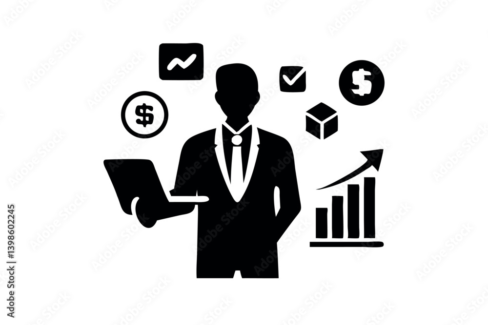 Cash Flow Analysis Illustration with Businessman, Financial Charts, and Dollar Symbols Cash Flow Analysis Illustration with Businessman, Financial Charts, and Dollar Symbols