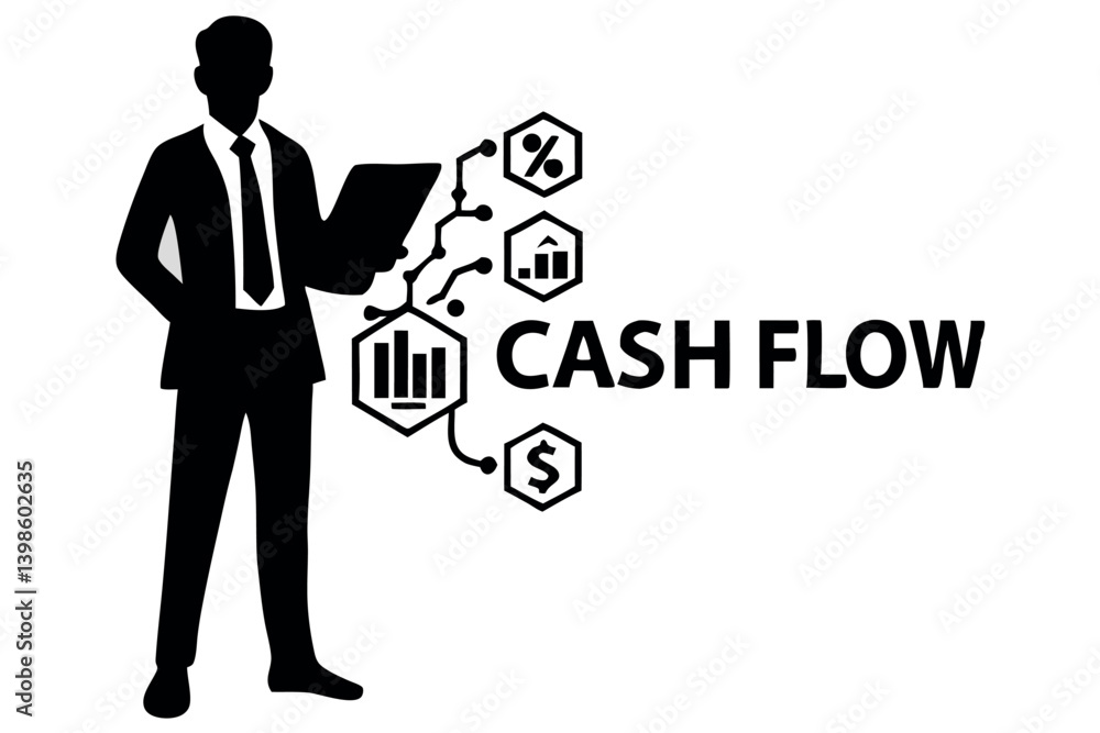 Cash Flow Insights with Businessman Holding Digital Tablet and Financial Analytics Symbols Cash Flow Insights with Businessman Holding Digital Tablet and Financial Analytics Symbols