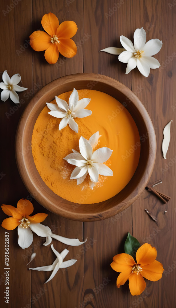 Fototapeta premium A wooden bowl with an orange liquid surrounded by white and orange flowers on a wooden surface.