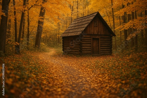 Cozy Wooden Cabin Surrounded by Vibrant Fall Foliage in a Serene Forest Path