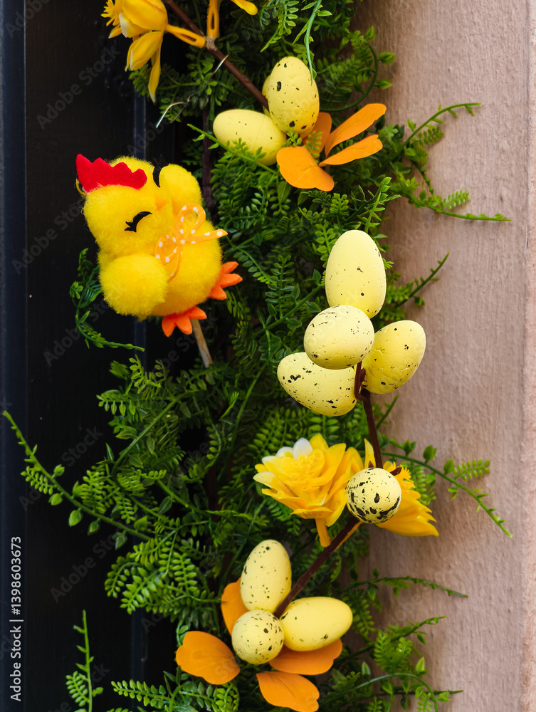 Easter decoration with chick and eggs hanging on door in prague
