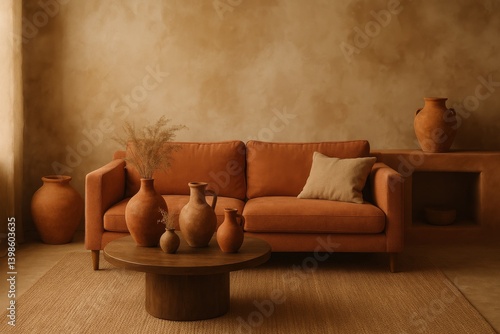 Cozy Living Room With Earthy Tones and Modern Decor Featuring Pottery and a S...