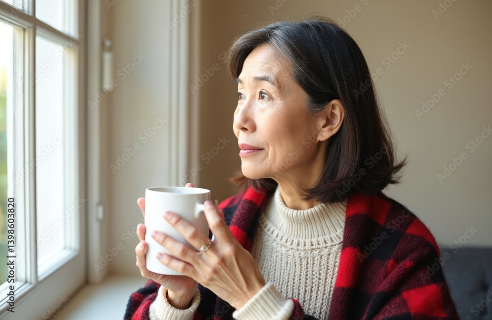 Mature Asian woman looks out window, holding coffee cup. Thoughtful female, cozy home, pondering life relationships. Serene, emotional portrait, loneliness, depression, sadness themes. Authentic Mature Asian woman looks out window, holding coffee cup. Thoughtful female, cozy home, pondering life relationships. Serene, emotional portrait, loneliness, depression, sadness themes. Authentic