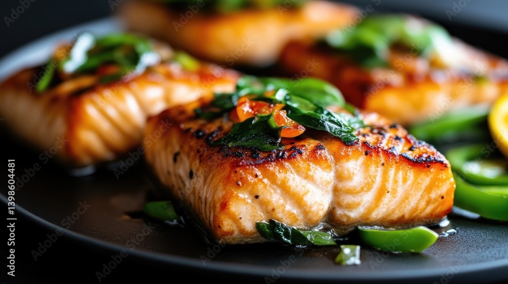 Crispy pan-seared salmon fillets, garnished with fresh herbs and a hint of citrus. A delicious and healthy meal Crispy pan-seared salmon fillets, garnished with fresh herbs and a hint of citrus. A delicious and healthy meal