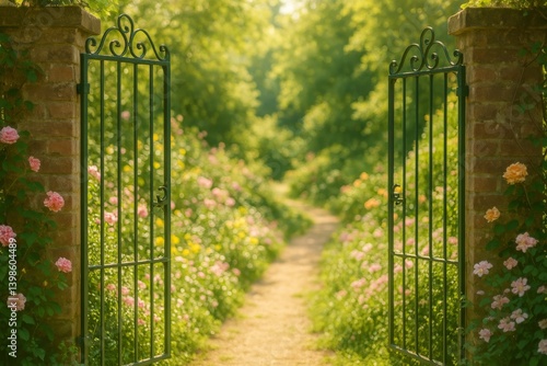 Secret Garden Entrance With Blooming Flowers and Open Gates in a Tranquil Set...