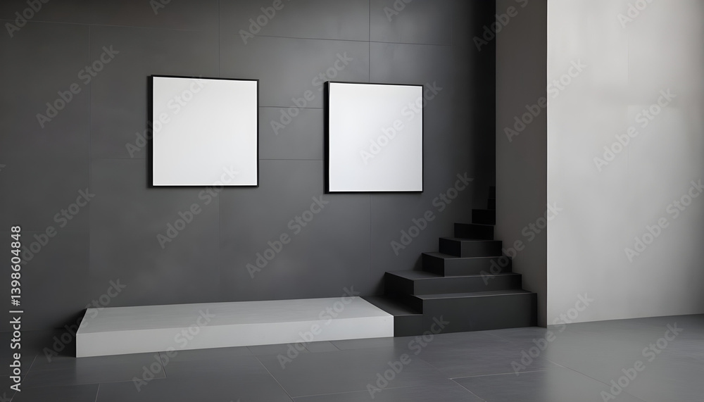 Two empty frames hang on a gray wall near stairs in a modern art gallery setting. Two empty frames hang on a gray wall near stairs in a modern art gallery setting.