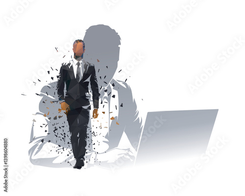 Business people, double exposure of walking business man and man working on his laptop. Programmer, coder, isolated vector silhouette. Business illustration