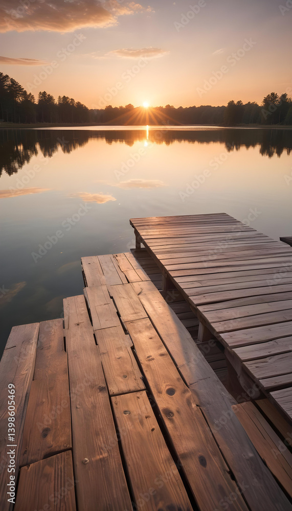 Obraz premium Sunset over a tranquil lake with wooden docks, reflecting the warm colors of the sky.