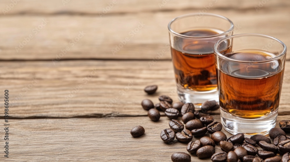 Fototapeta premium Coffee and liquor in shot glasses with beans on rustic wood