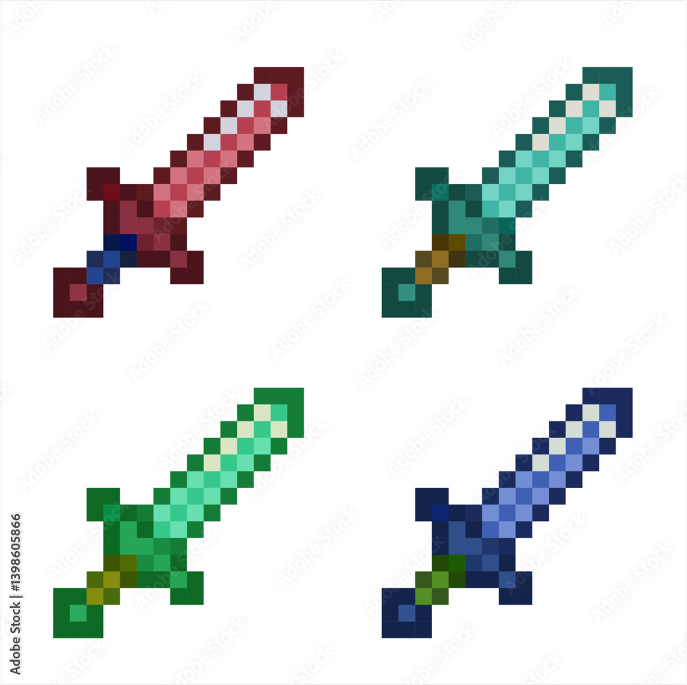 Obraz premium Set of pixelated fantasy swords in different colors. Iconic blocky style, perfect for RPG or adventure-themed digital worlds. Transparent background.