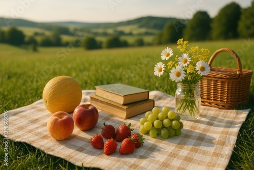 Enjoying a Summer Picnic on a Grassy Field With Fresh Fruits and Books