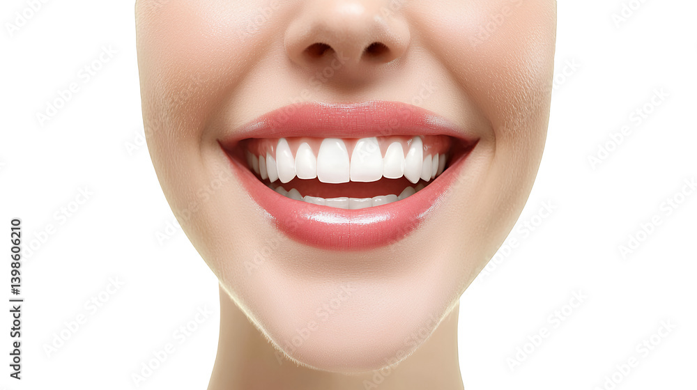 Obraz premium 3d illustration of a female mouth with white teeth smiling on a transparent background, PNG image, PNG file, Generative art.