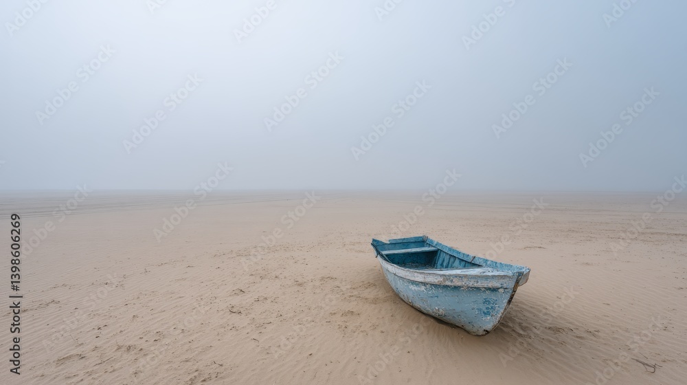 A weathered fishing dinghy, with peeling blue paint, lies half-buried in golden dunes as soft morning mist rolls in from the ocean, creating a serene atmosphere