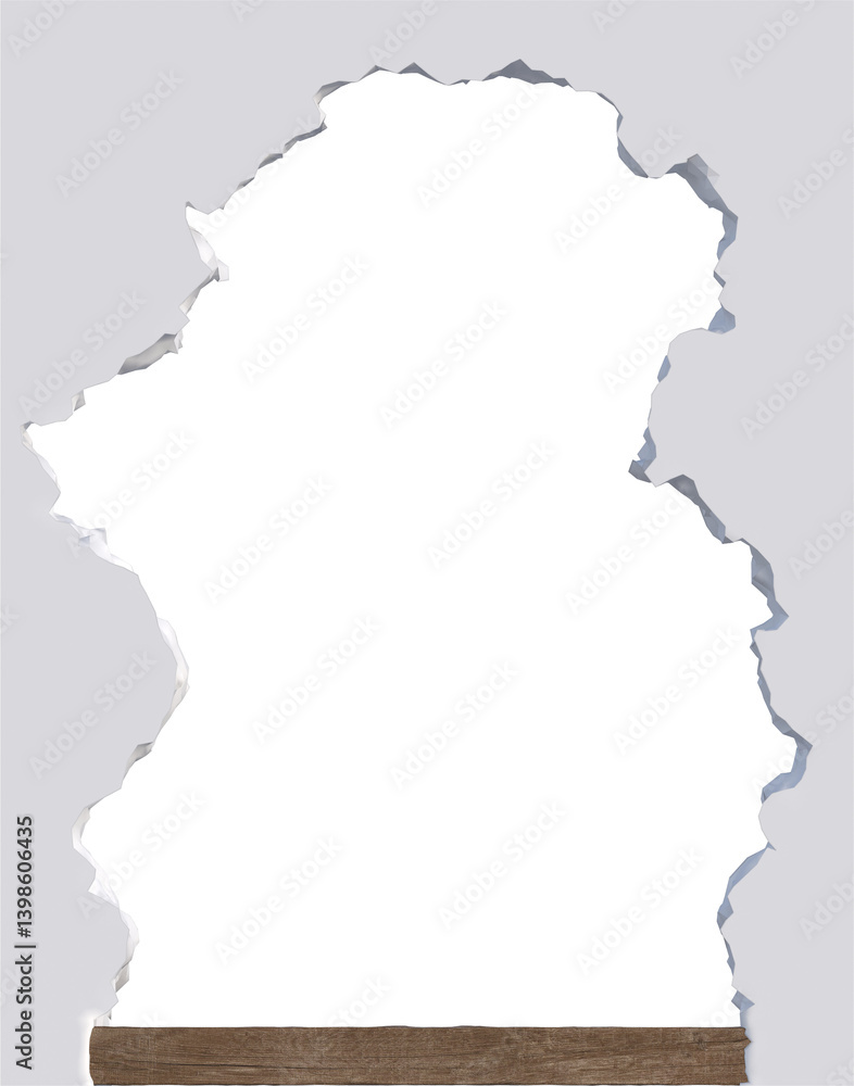 A white wall with a hole in the middle on a wooden beam with transparent background. 3d render illustration. A white wall with a hole in the middle on a wooden beam with transparent background. 3d render illustration.