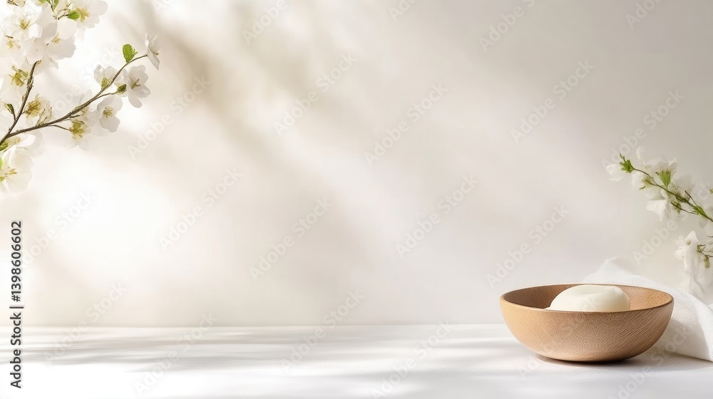 A wooden bowl with a white cloth on a minimalist white surface, delicate white flowers casting soft shadows, and serene and elegant composition. A wooden bowl with a white cloth on a minimalist white surface, delicate white flowers casting soft shadows, and serene and elegant composition.