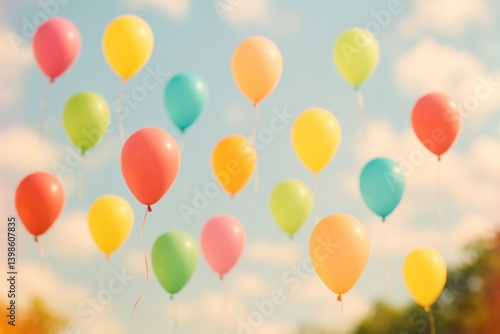 Colorful Balloons Float in a Blue Sky During a Sunny Afternoon Event in a Park
