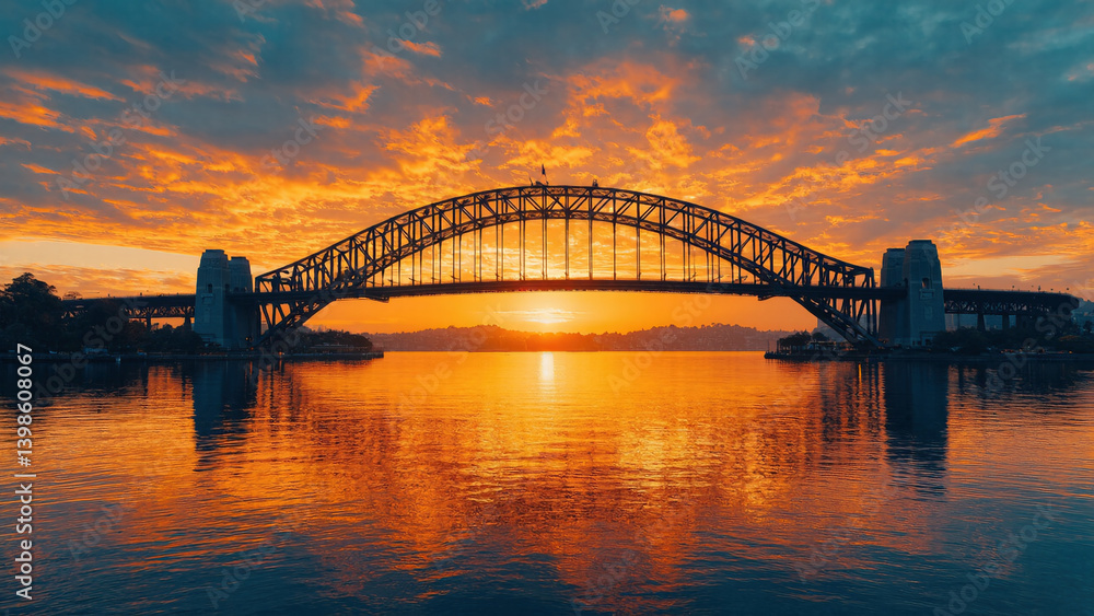 Naklejka premium The sun sets behind a large steel arch bridge spanning a calm body of water, casting golden reflections and illuminating the sky with vibrant orange hues.