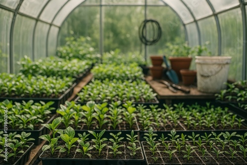 New Seedling Growth in Garden Greenhouse During Springtime Nurturing Process