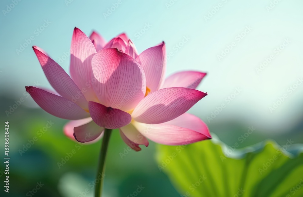 Pink lotus flower blooms in soft sunlight. Water lily petals, rich green leaves create beautiful zen composition. Tranquil nature scene. Bloom in pond, lake. Summer floral decor. Pink lotus flower blooms in soft sunlight. Water lily petals, rich green leaves create beautiful zen composition. Tranquil nature scene. Bloom in pond, lake. Summer floral decor.