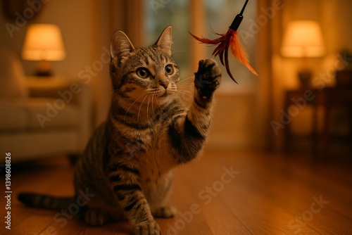 Playful Cat Interacting With a Feather Toy in a Cozy Indoor Setting During Ev...