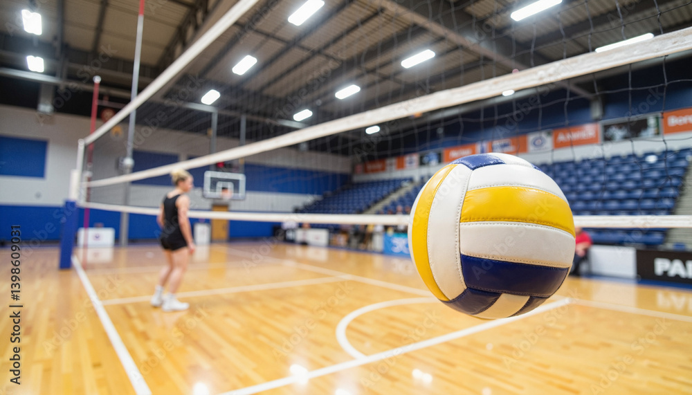 Volleyball in Motion Above Net during Spike Execution in Indoor Sports Hall for Sports Blogs, Coaching Websites, Athletic Training, and Team Sports Content Volleyball in Motion Above Net during Spike Execution in Indoor Sports Hall for Sports Blogs, Coaching Websites, Athletic Training, and Team Sports Content