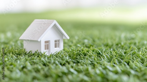 Wallpaper Mural A miniature white house model placed on lush green grass, close-up view with blurred background, and concept of home and real estate investment. Torontodigital.ca