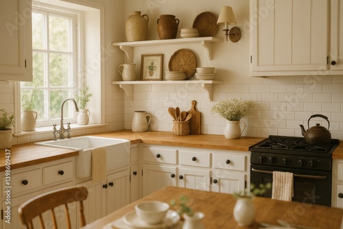 Charming Rustic Kitchen With White Cabinets and Wooden Accents in a Cozy Home...