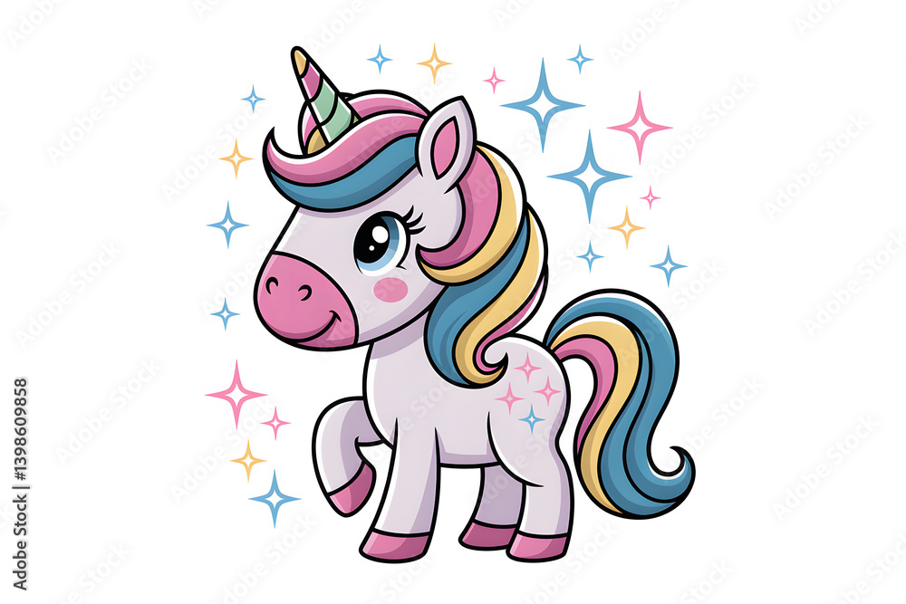 Naklejka premium Adorable Pastel Unicorn with Sparkling Mane and Tail