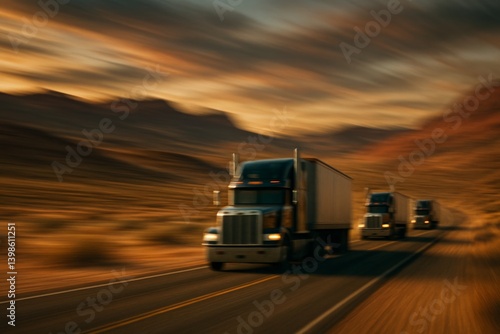 Trucks Traveling Through Desert Landscape at Sunset Near Mountain Formations
