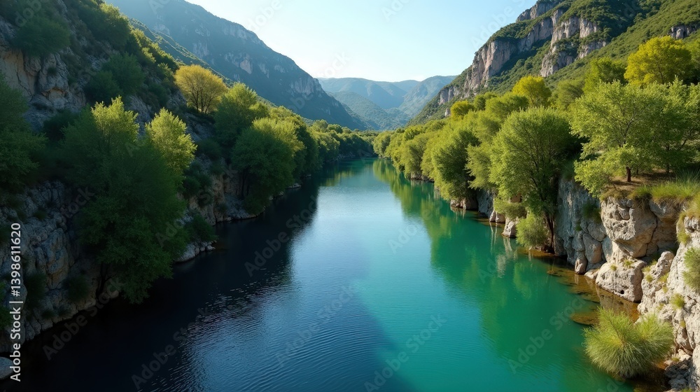 Aerial view of Acheron River in Greece during midday, under hot, sunny summer conditions. Aerial view of Acheron River in Greece during midday, under hot, sunny summer conditions.