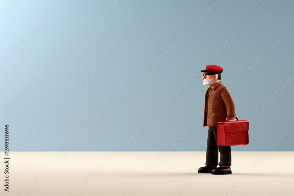 A cheerful cartoon illustration of a senior pensioner man set against a light blue background. Copy space