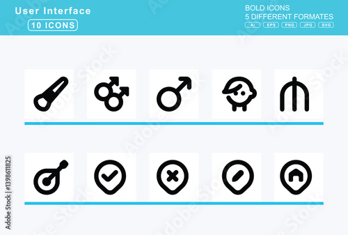 Set of 5 bold user interface icons, house, chimney, window, icon, flat, vector, crack, flood, laptop, medical, tree, turret