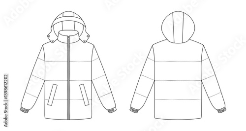 Flat sketch of padded winter jacket with zipper and hood, jacket design includes stitched panels and slanted pockets, jacket perfect for cold-weather fashion and textile design.