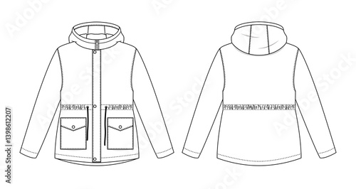 Flat sketch shows hooded parka with drawstring waist and flap pockets, parka design perfect for outerwear concepts, parka template ideal for sewing patterns or style mockups.