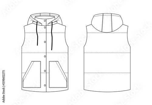 Flat sketch features hooded vest with snap buttons and large angled pockets, vest perfect for layering looks, vest illustration ideal for fashion mockups and pattern design.