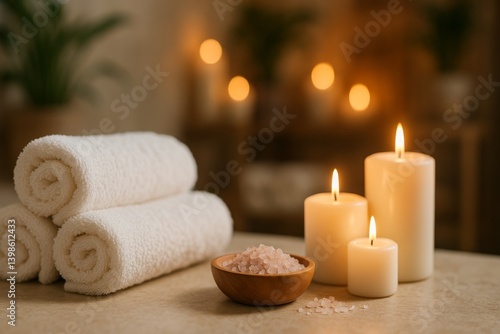Relaxing Spa Setup With Candles, Towels, and Salt, Perfect for Self-Care Moments