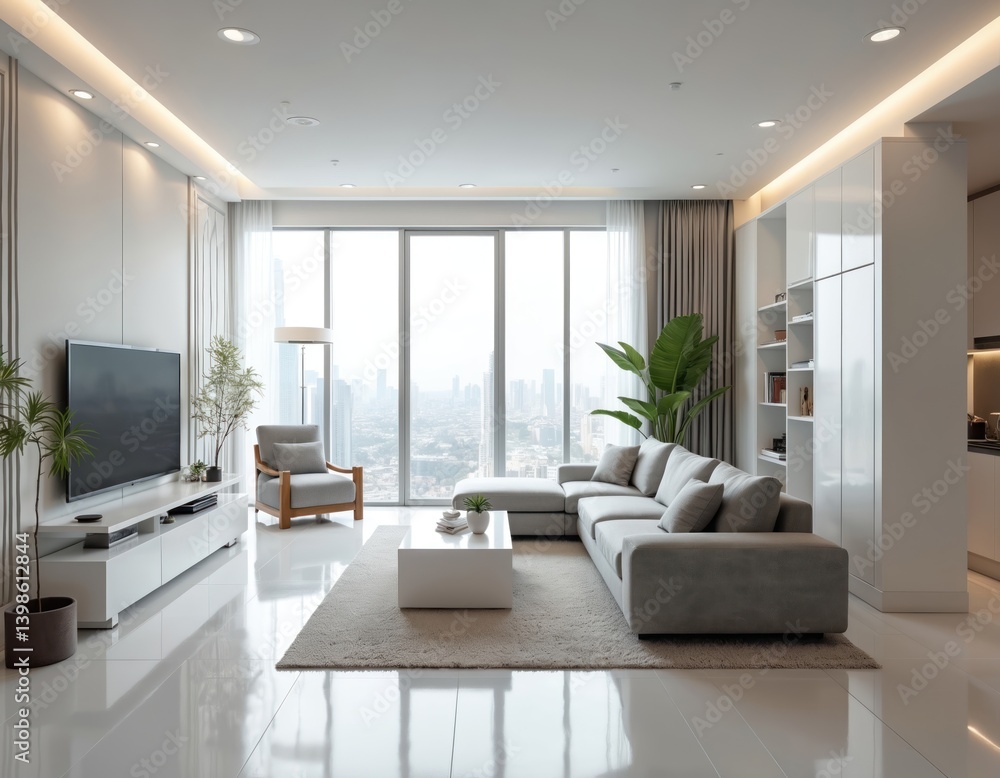 Fototapeta premium Modern living room interior design. White walls, glossy floor. Comfortable gray sofa, arm chair, coffee table. Large windows with city view. Cozy home apartment. Modern minimalist style.