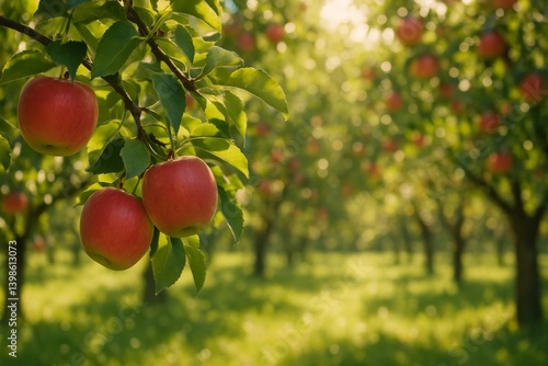 Red Apples Hanging From Trees in a Lush Orchard During Sunny Autumn Afternoon
