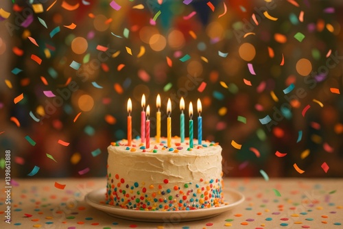 Colorful Birthday Cake With Candles and Confetti Celebrating a Special Occasion
