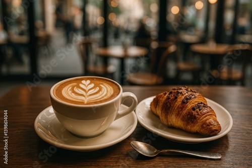 Enjoying a Warm Coffee and Croissant in a Cozy Cafe Setting on a Sunny Morning