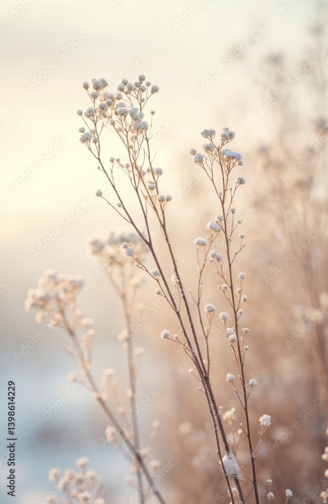 Close-up view delicate dried flower stems winter plants. Soft snow covered tiny white seed heads on blurred background with copy space. Nature, winter, calm, serene, beautiful dreamy scene. Close-up view delicate dried flower stems winter plants. Soft snow covered tiny white seed heads on blurred background with copy space. Nature, winter, calm, serene, beautiful dreamy scene.