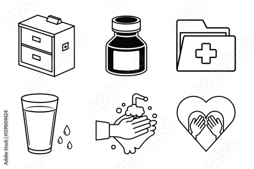 Healthcare Icons Medicine Bottle File Folders Water Glass Hand Wash Heart Care