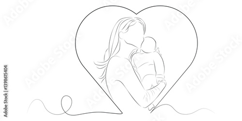 Mother and baby line art. Mom hugs child. Motherhood and newborn concept.  Parent loving kid, happy mother day design for card, banner, poster.
